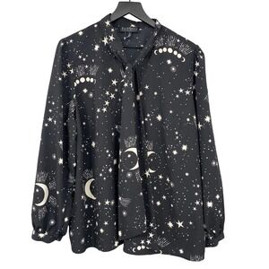 ELOQUII Celestial Moon Stars Milky Way Tie Neck Blouse Black Size‎ 18 Button Up